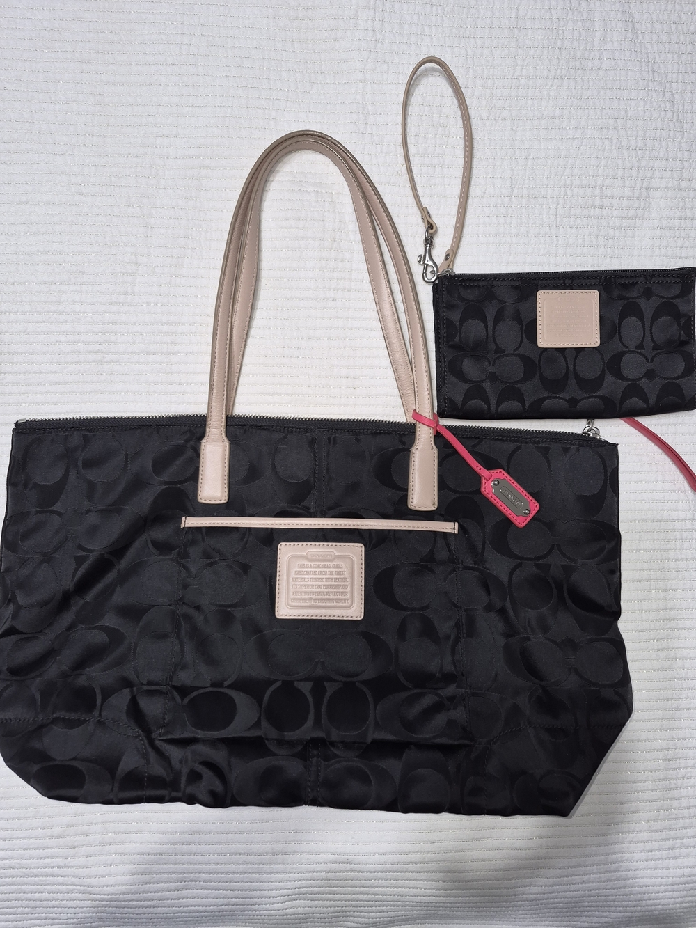 Coach Black Tote with Light Beige Trim and Pink Tag